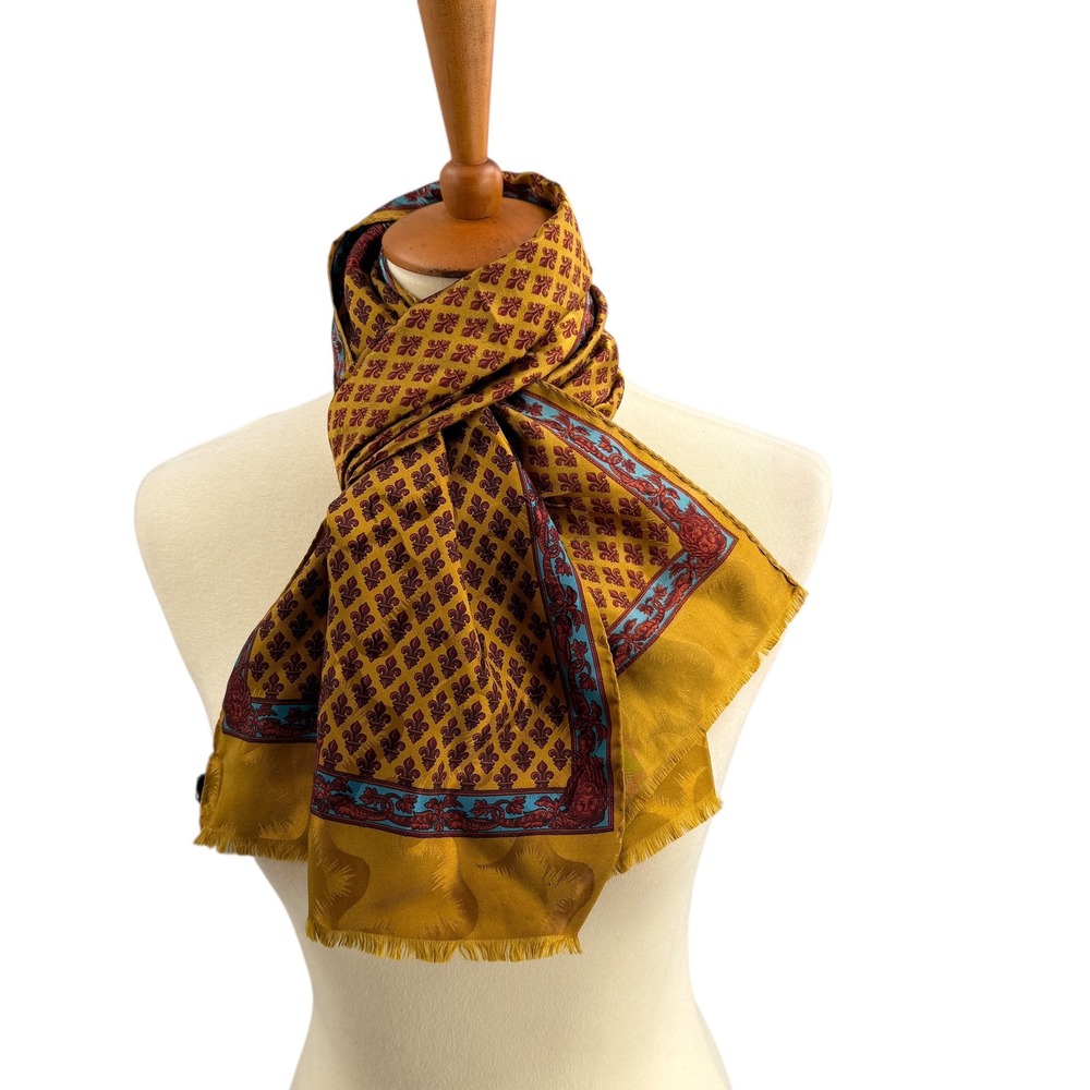 Moschino Silk Scarf Gold‎ Fleur De Lis Baroque Print Long Rectangle Italy